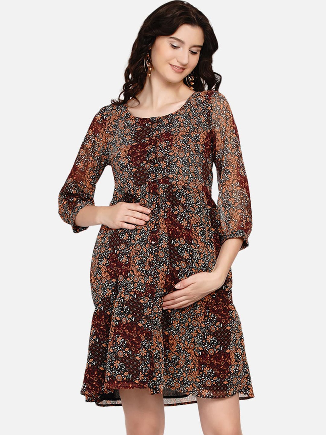 

Mine4Nine Brown & Maroon Floral Printed Chiffon Maternity Dress