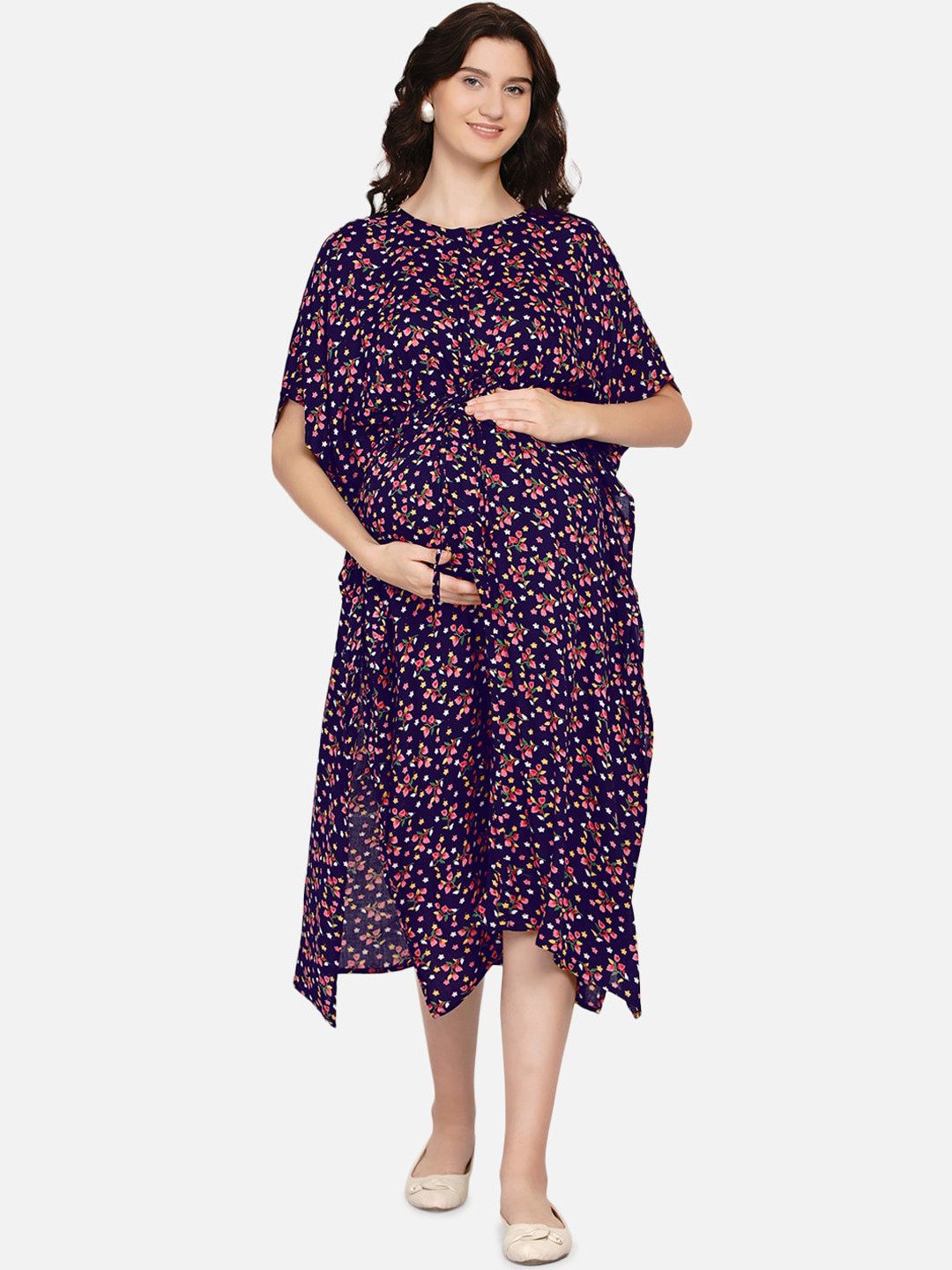 

Mine4Nine Navy Blue & Red Floral Printed Maternity Kaftan Midi Dress