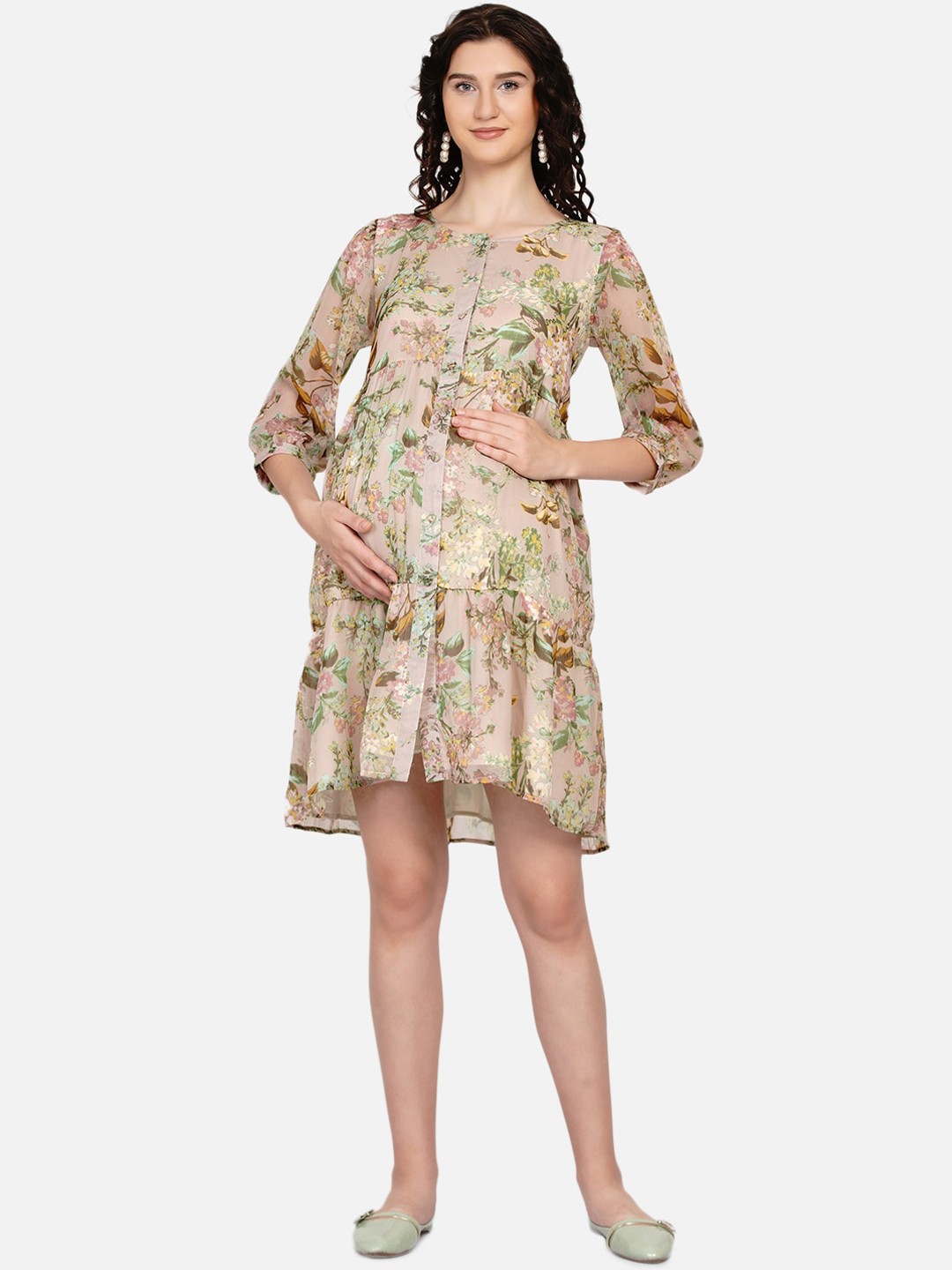

Mine4Nine Woman Peach-Coloured Floral Chiffon A-Line Dress