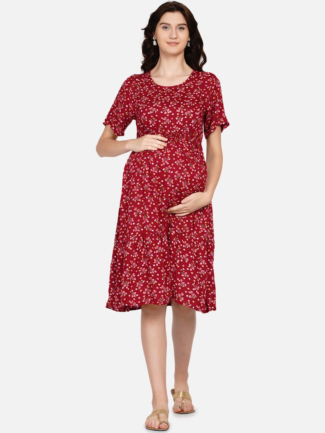 

Mine4Nine Women Maroon Floral Maternity Dress