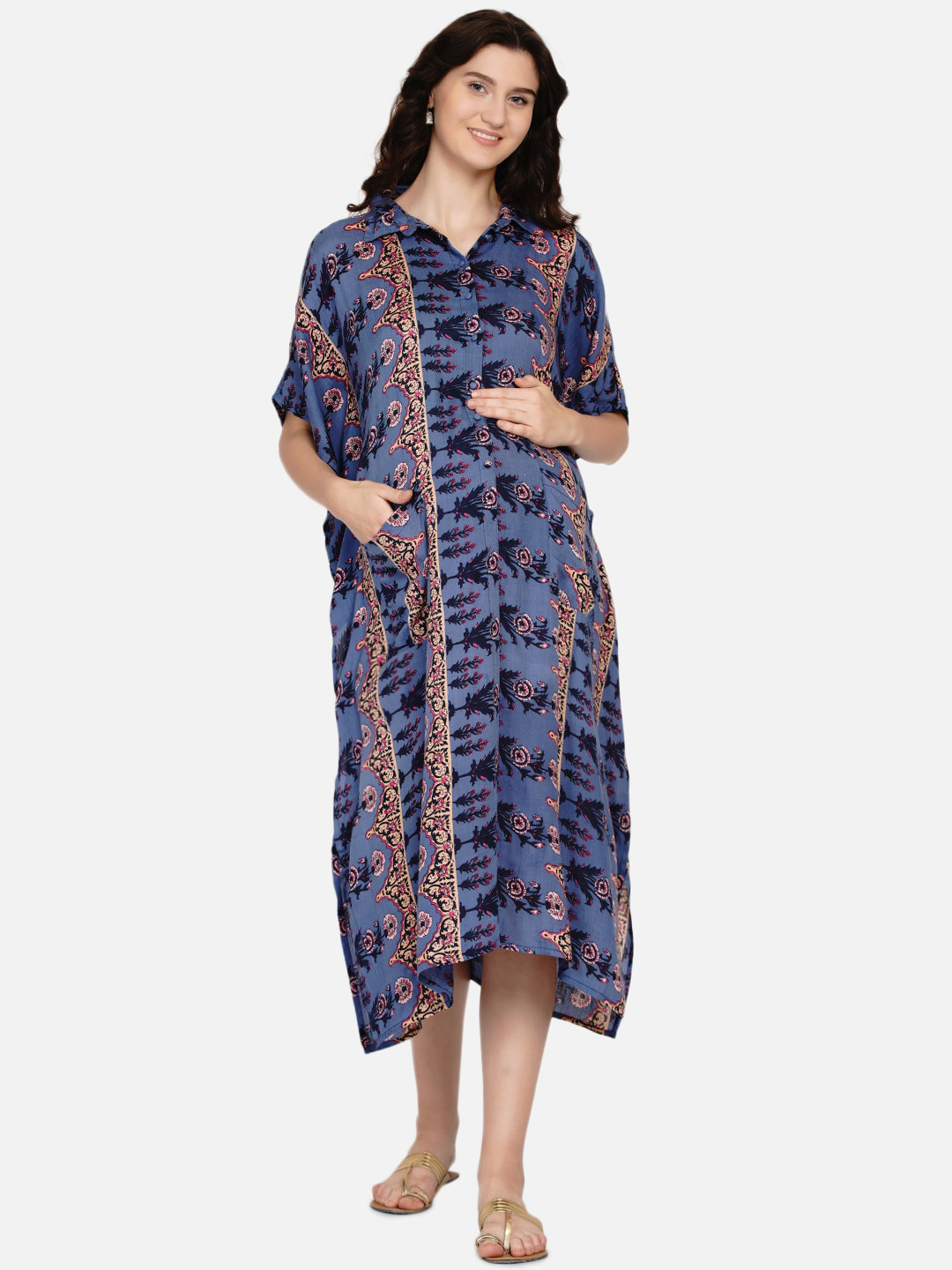 

Mine4Nine Blue & Beige Floral Shirt Midi Maternity Dress