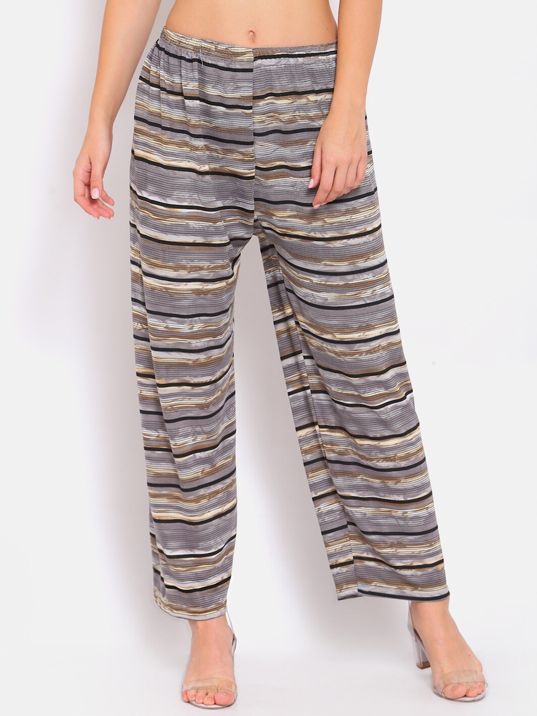

KLOTTHE Women Grey & Black Striped Printed Wide Leg Palazzos