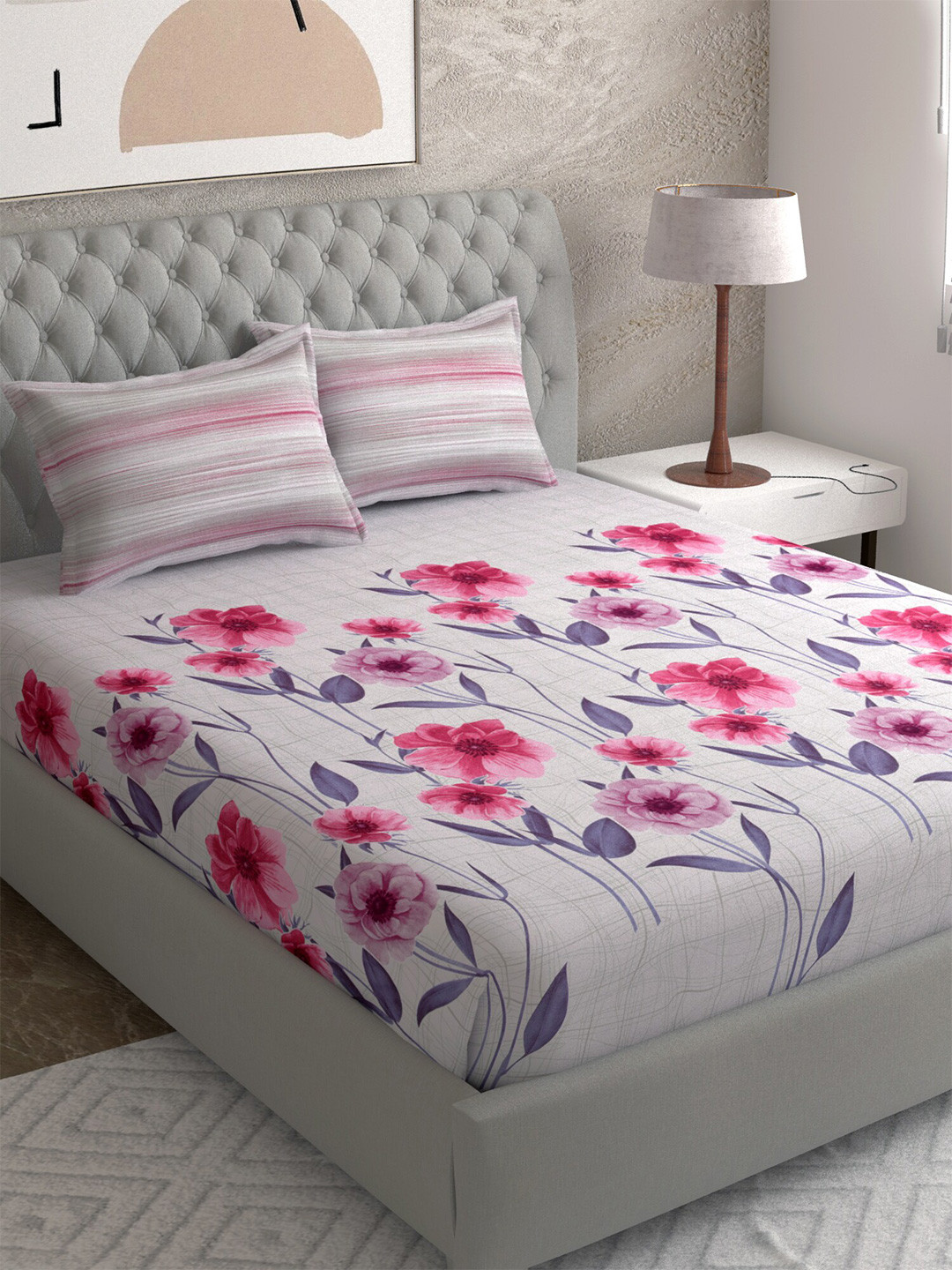 

EverHOME Grey & Navy Blue Floral 210 TC King Bedsheet with 2 Pillow Covers