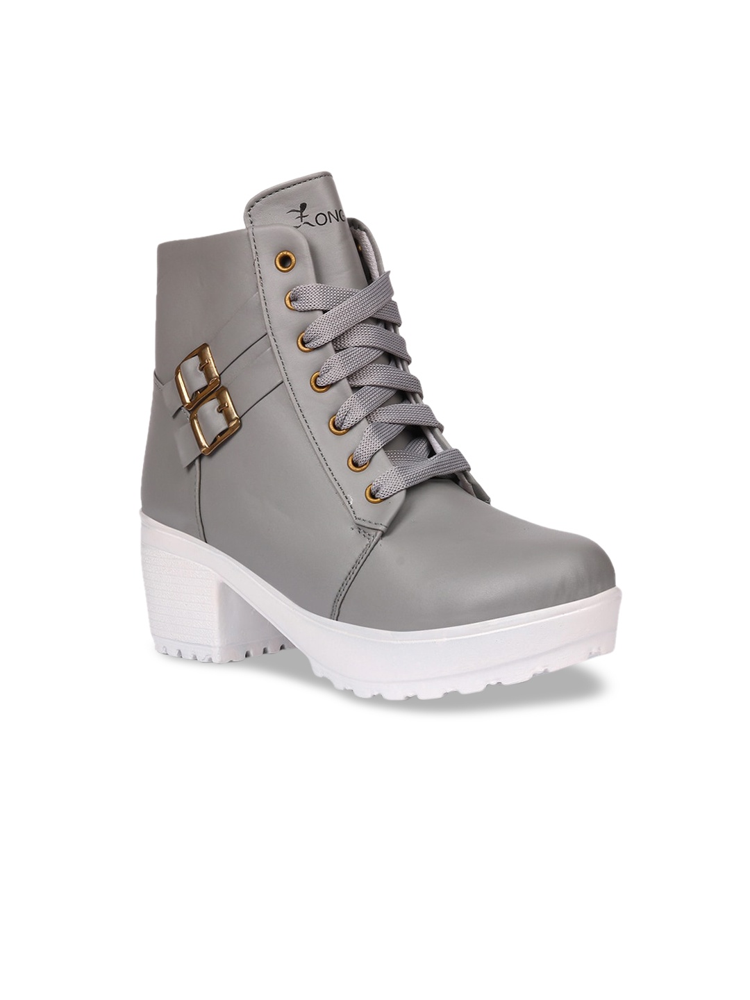 

Longwalk Women Grey PU Platform Heeled Boots with Buckles
