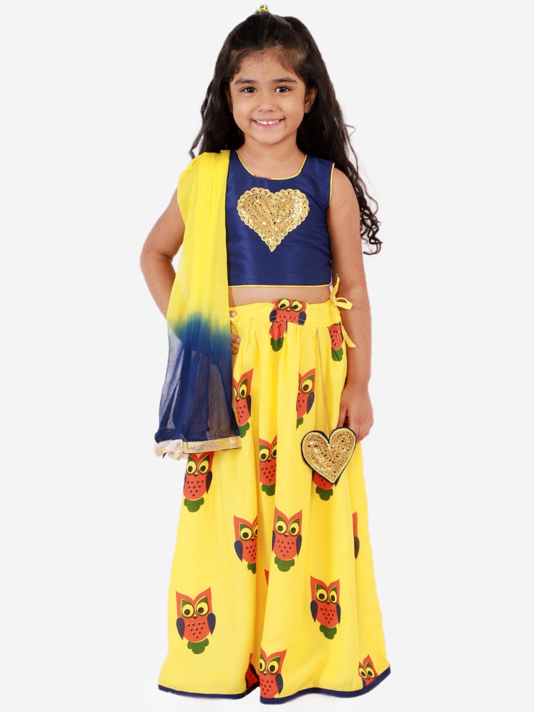 

KID1 Girls Yellow & Blue Owl Printed Lehenga & Blouse With Dupatta