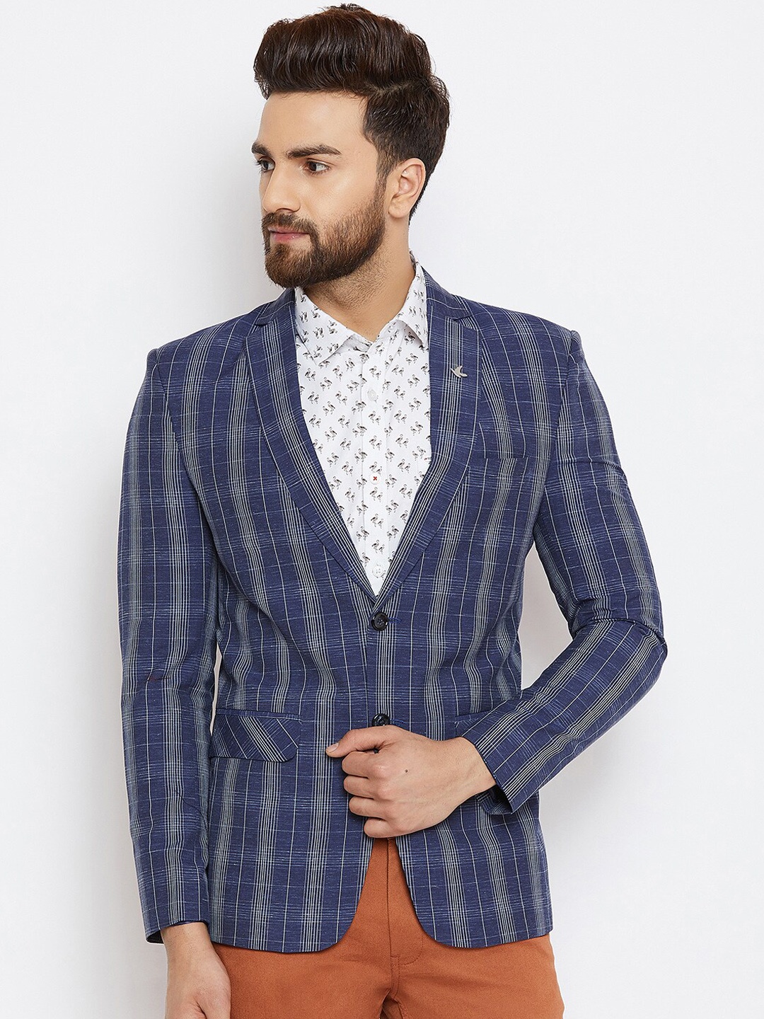 

Canary London Men Blue & White Checked Slim-Fit Single-Breasted Casual Blazer