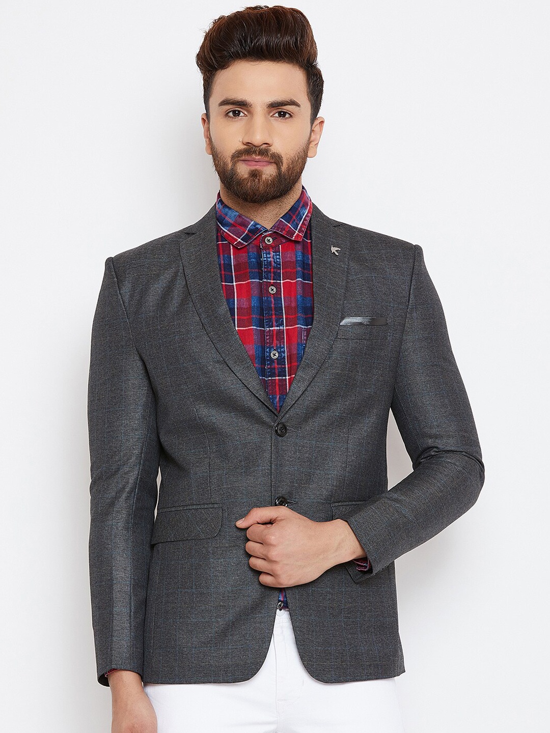 

Canary London Men Grey & Blue Checked Slim-Fit Single-Breasted Casual Blazer