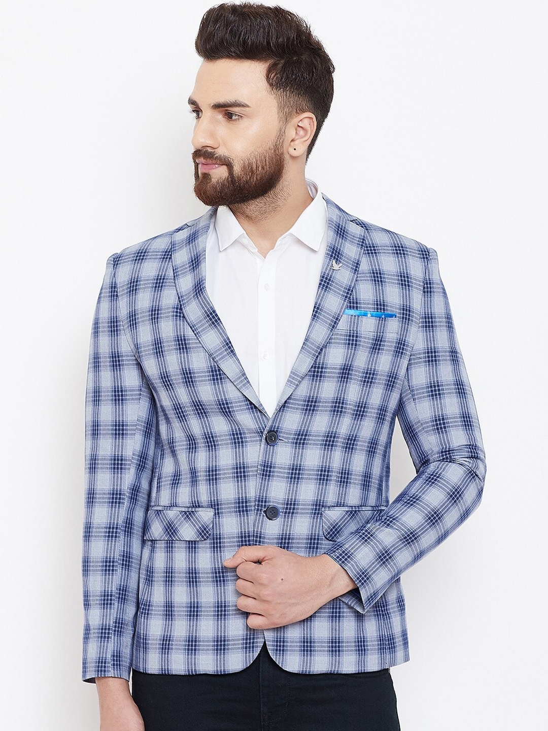 

Canary London Men Grey & Blue Checked Single-Breasted Casual Blazer