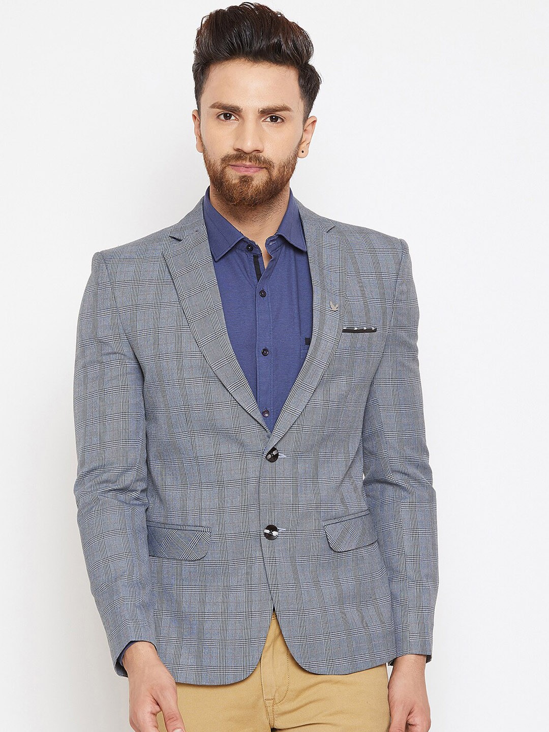 

Canary London Men Grey & Black Checked Slim-Fit Single-Breasted Casual Blazer