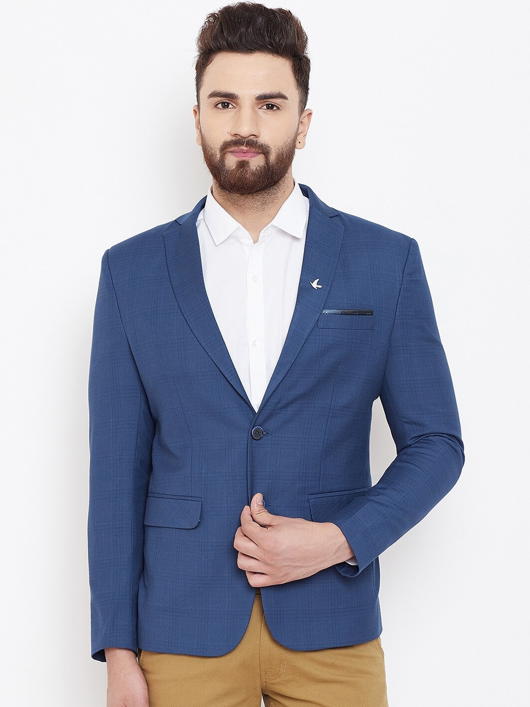 

Canary London Men Blue Checked Slim Fit Single-Breasted Casual Blazer