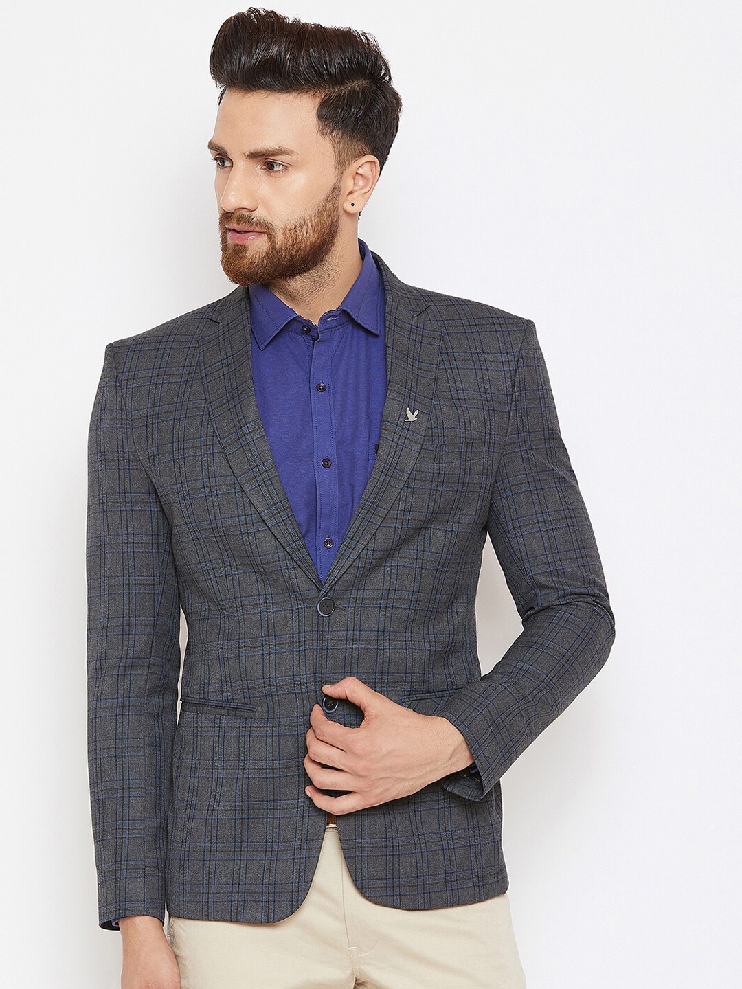 

Canary London Men Grey & Blue Checked Slim-Fit Single-Breasted Casual Blazer