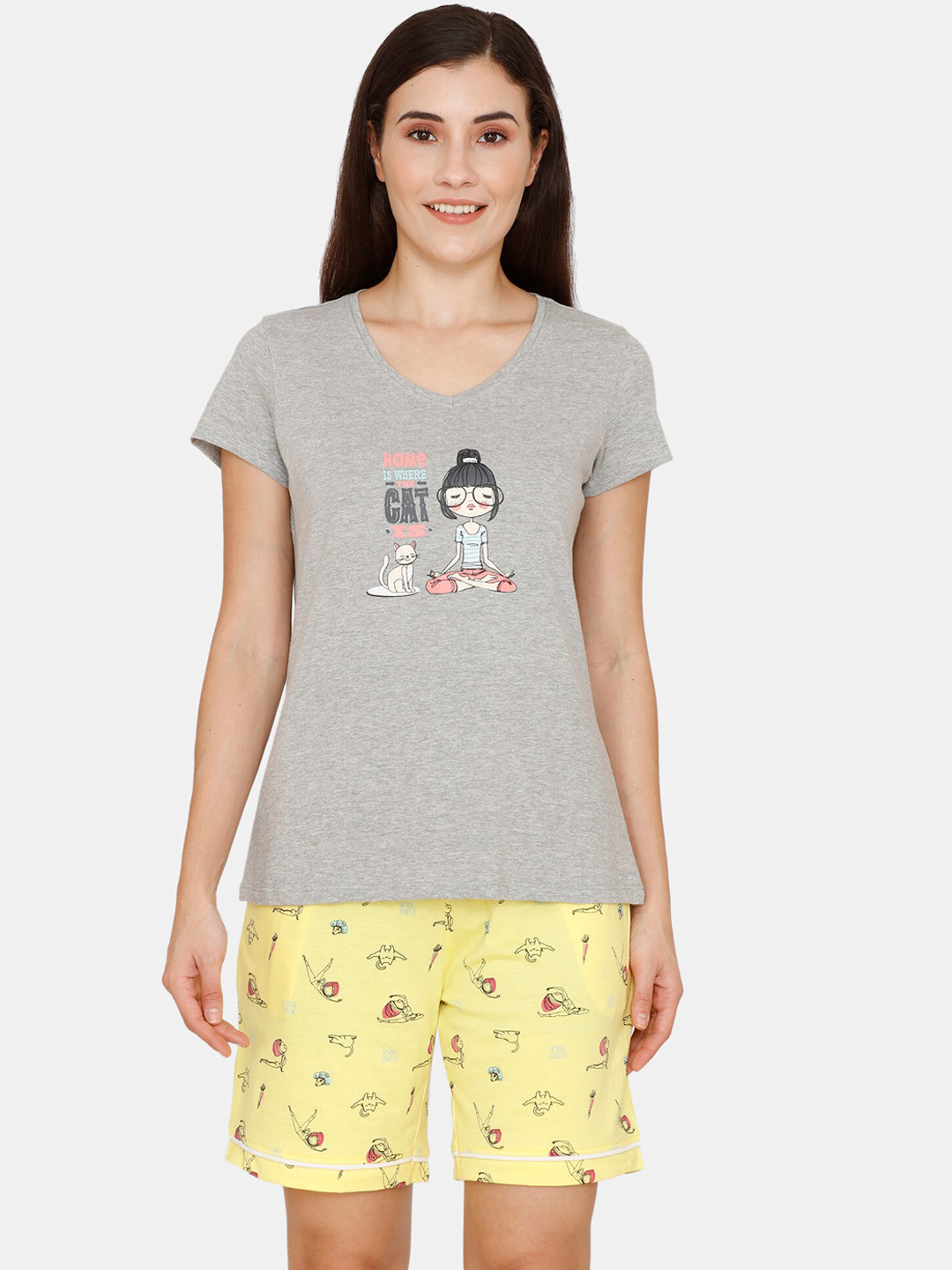

Zivame Women Yellow & Grey Graphic Printed Pure Cotton Night Suit
