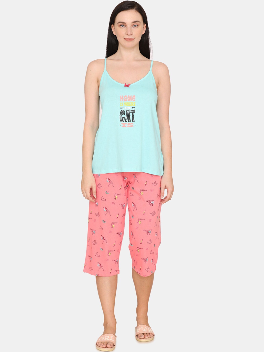 

Zivame Women Pink & Turquoise Blue Printed Night Suit