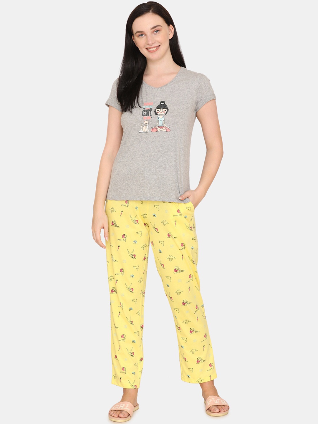 

Zivame Women Yellow & Grey Printed Pure Cotton Night suit