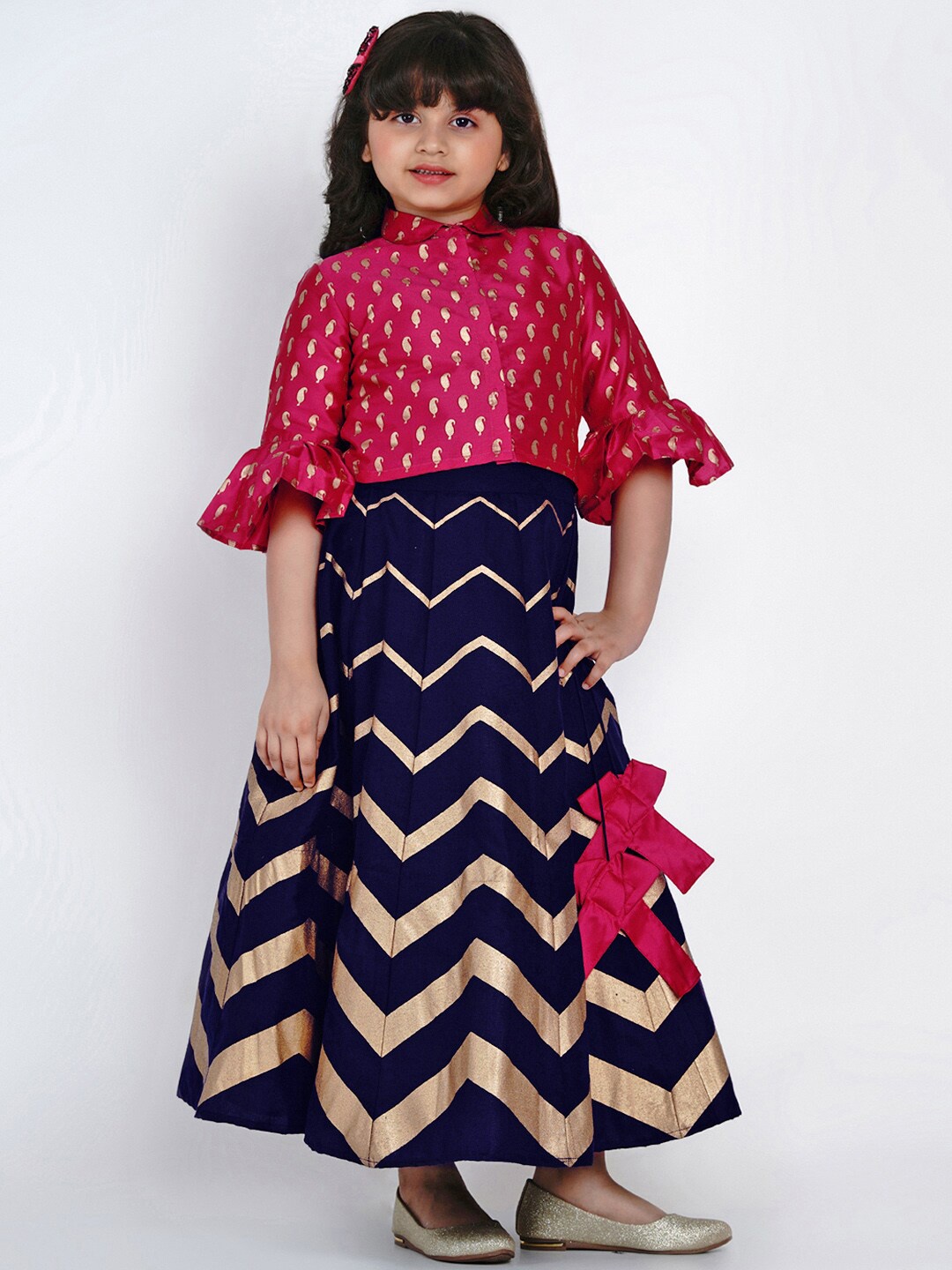 

Bitiya by Bhama Girls Pink & Navy Blue Printed Ready to Wear Lehenga