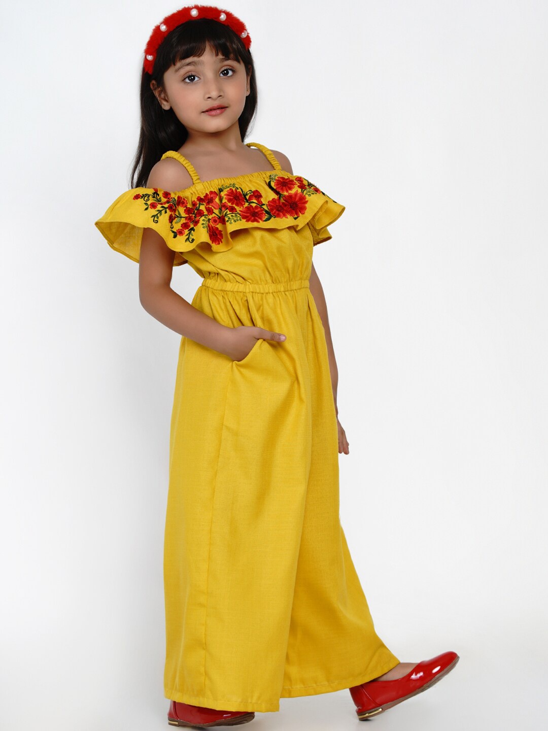 

Bitiya by Bhama Girls Mustard & Red Printed with Ruffles Jumpsuit