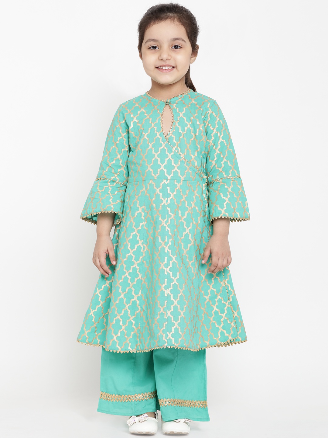 

Bitiya by Bhama Girls Green Layered Pure Cotton Top with Trousers