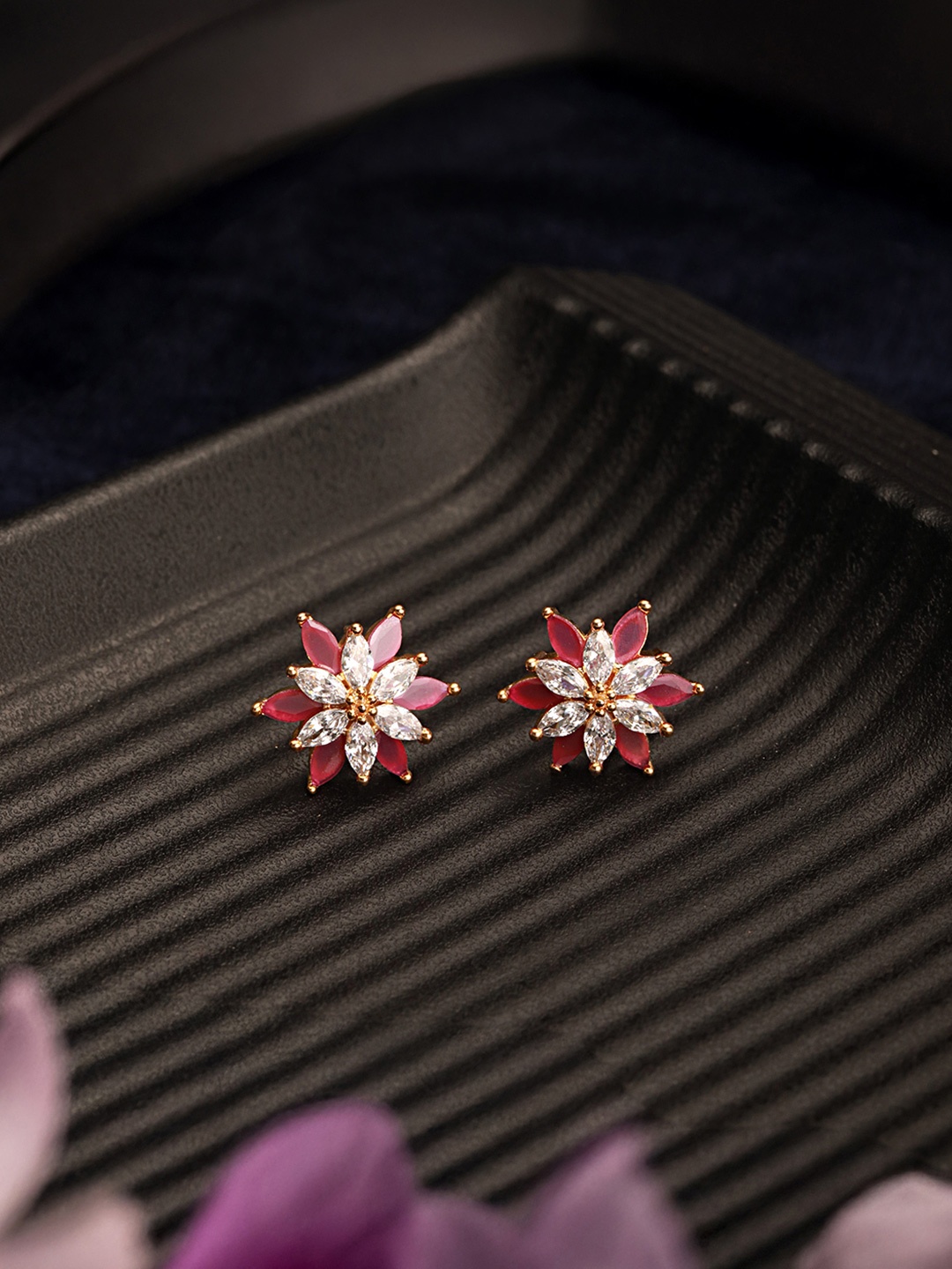 

Saraf RS Jewellery Gold-Plated Magenta & White Floral Studs Earrings