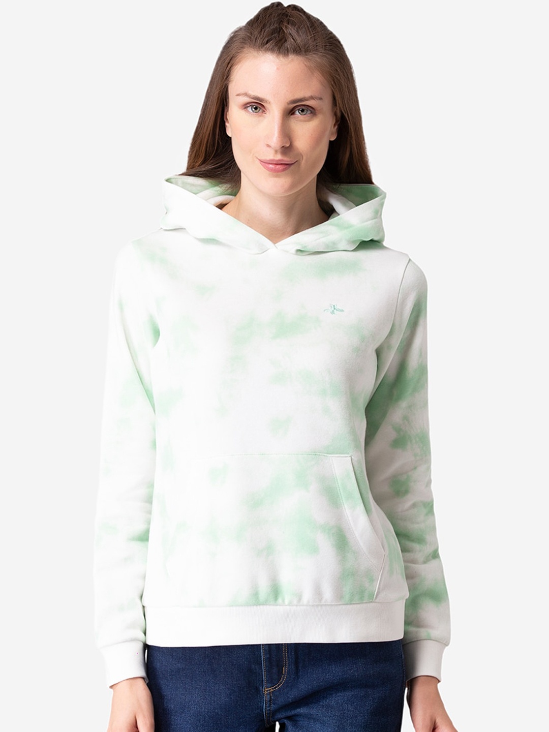 

Mode by Red Tape Women Green & White Tie & Dye Hooded Sweatshirt