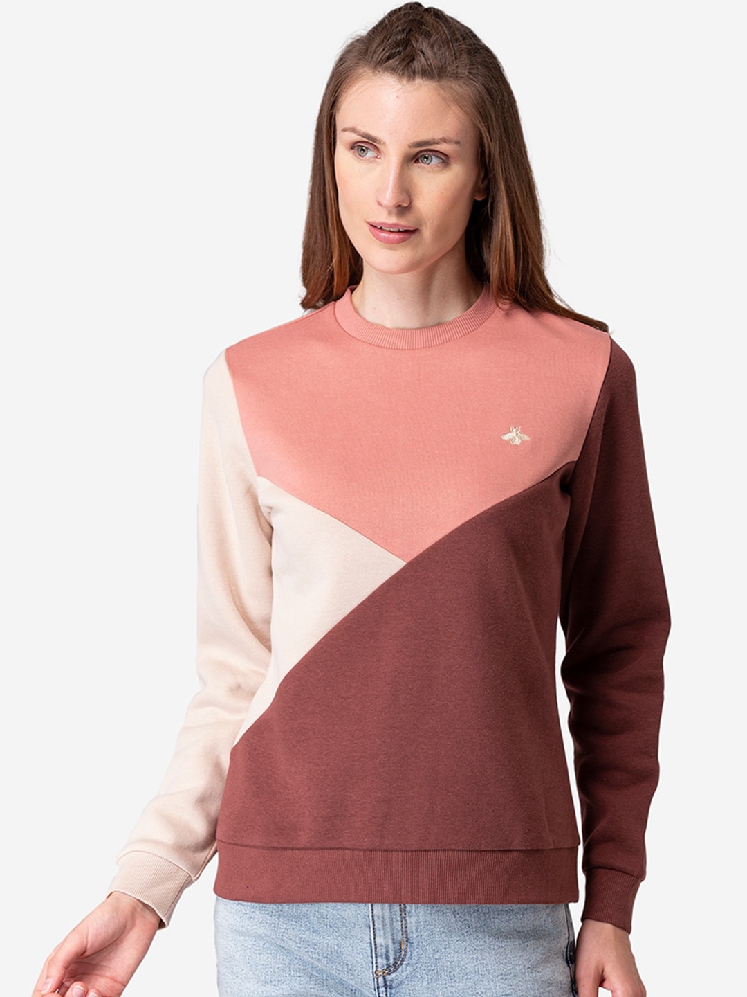

Mode by Red Tape Women Peach-Coloured Colourblocked Sweatshirt