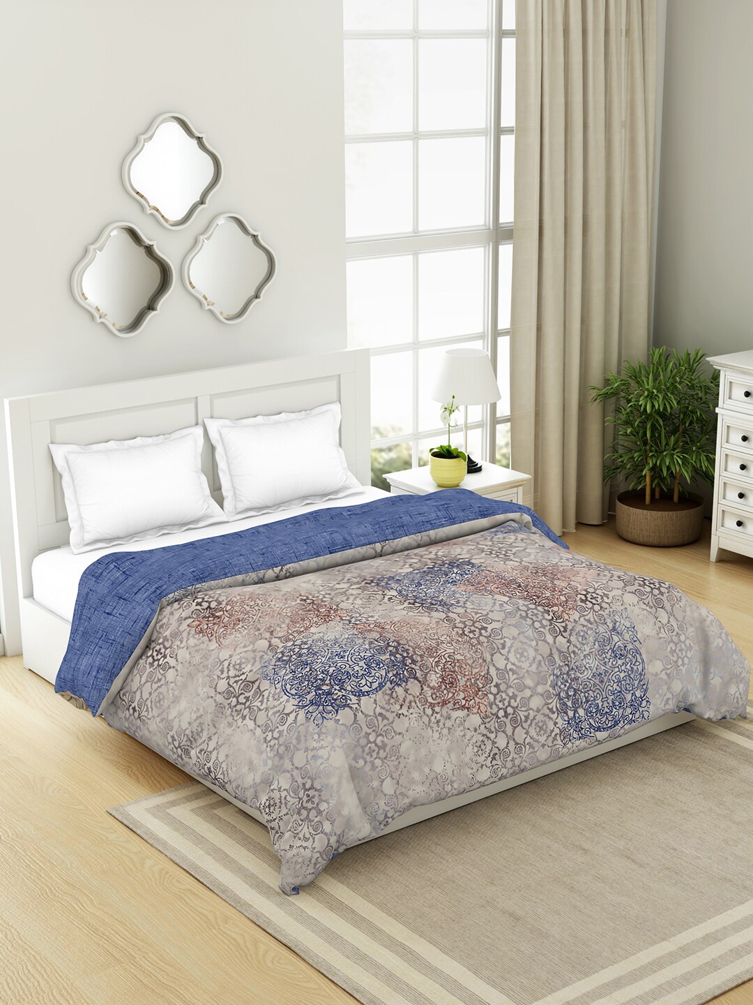 

SPACES Organic Cotton Brown & Blue Ethnic Motifs AC Room 210 GSM Double Bed Quilt