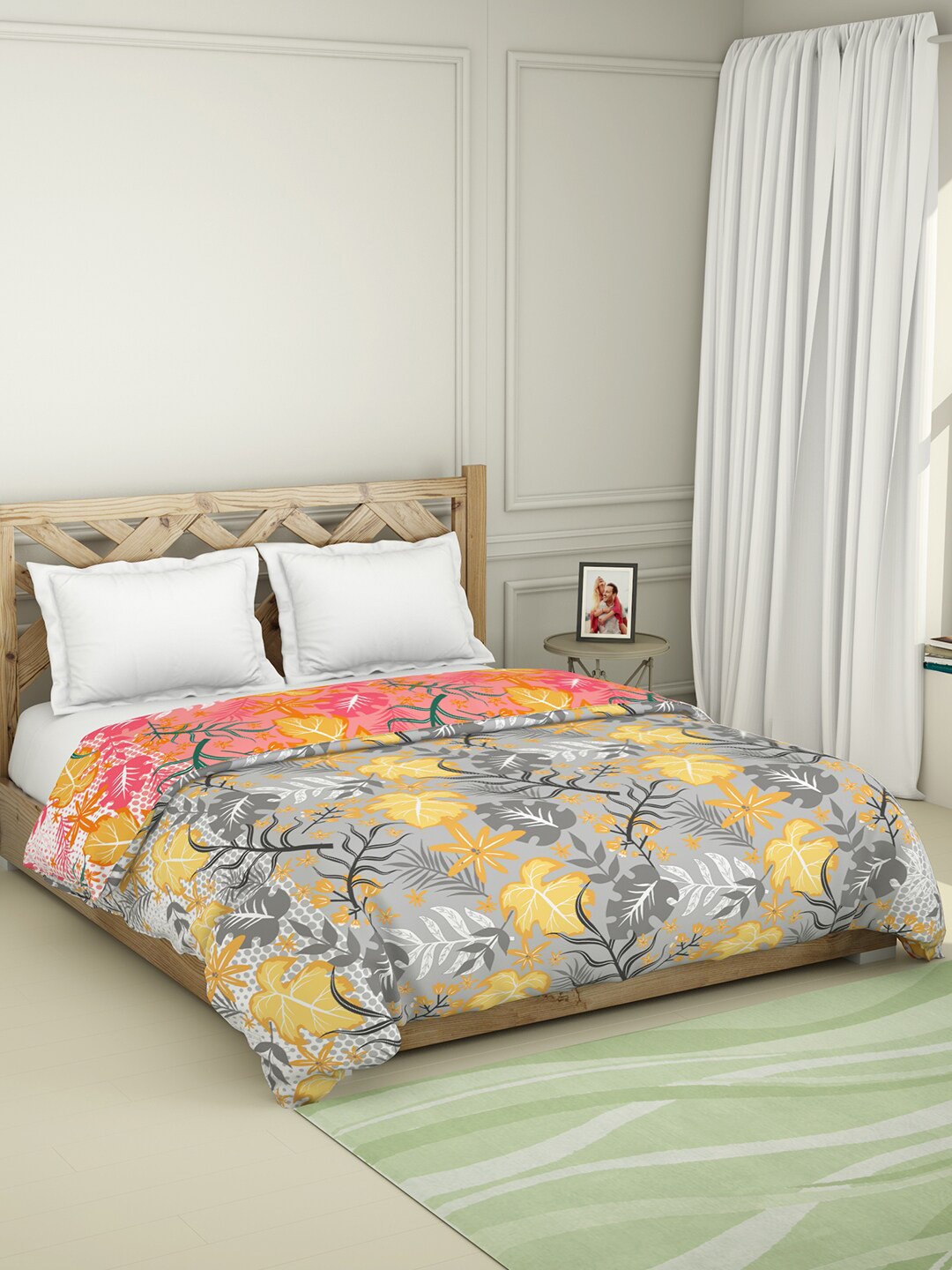 

SPACES Grey & Yellow Floral AC Room 150 GSM Cotton Double Bed Quilt