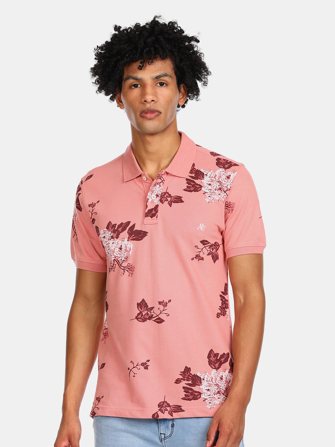 

Aeropostale Men Pink Floral Printed Polo Collar Pure Cotton T-shirt