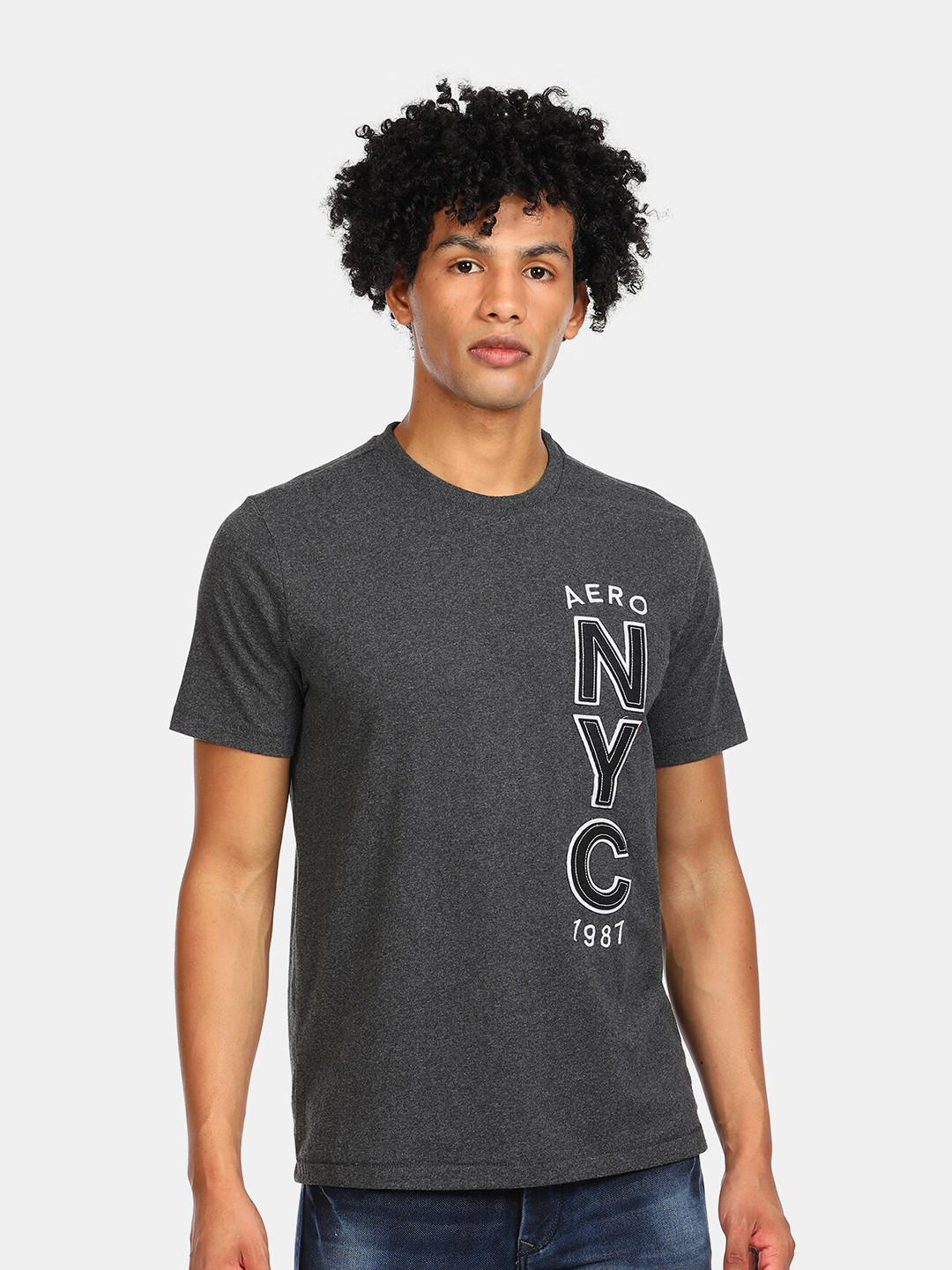 

Aeropostale Men Grey Typography Printed Applique Pure Cotton T-shirt
