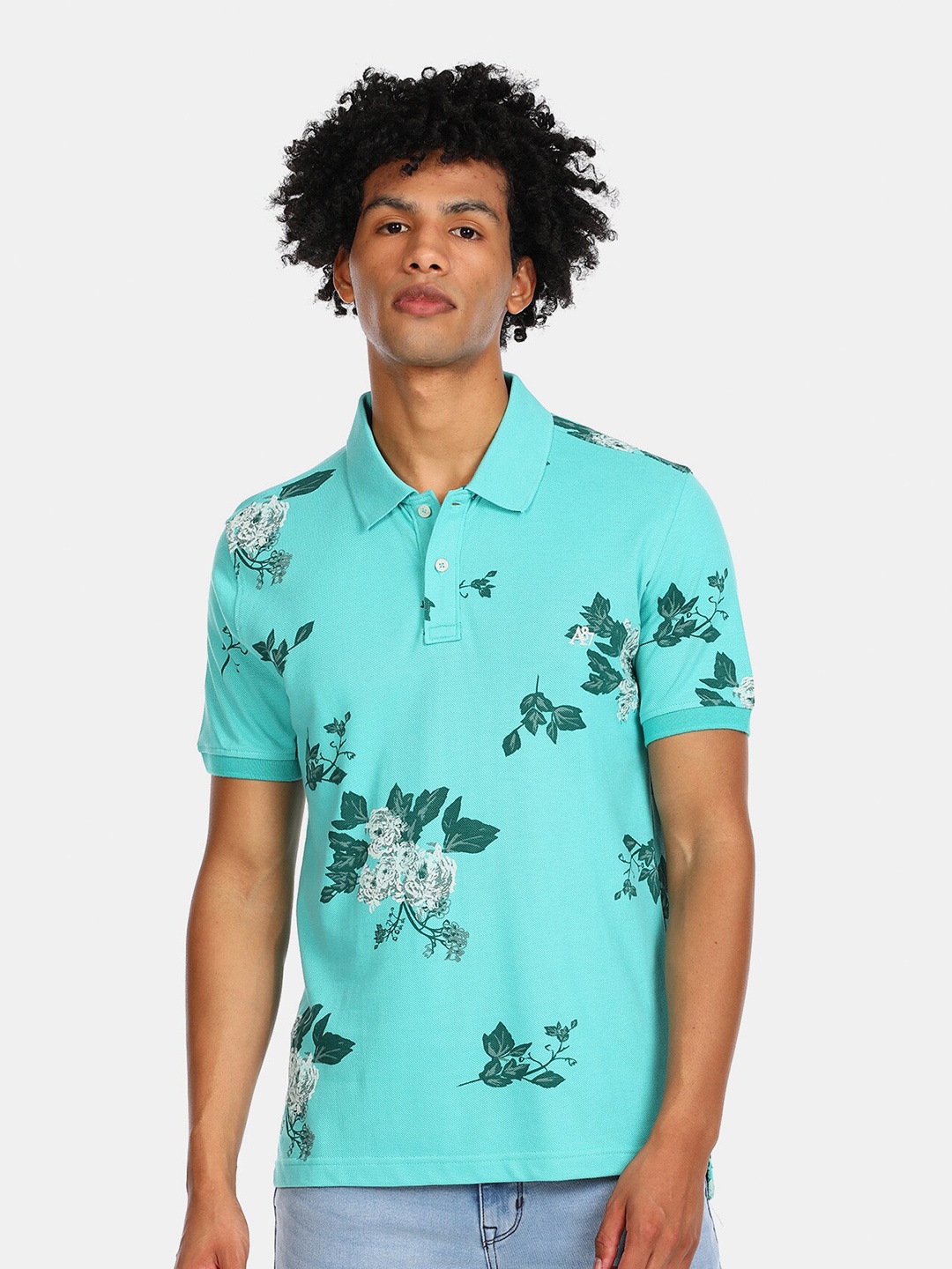 

Aeropostale Men Blue Floral Printed Polo Collar Pure Cotton T-shirt