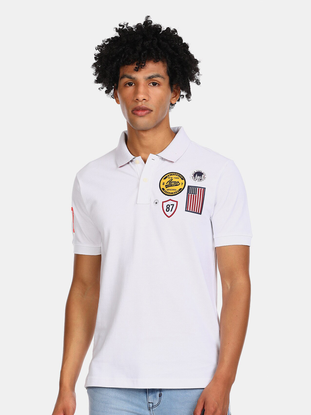 

Aeropostale Men White Polo Collar Applique Pure Cotton T-shirt