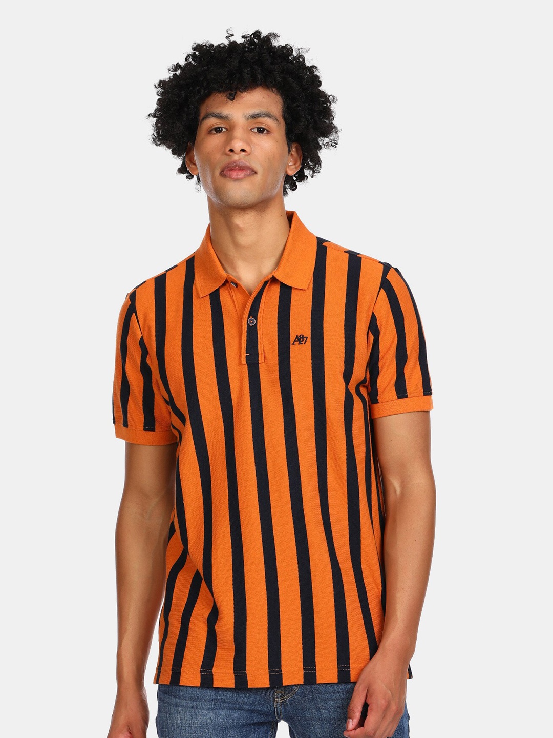 

Aeropostale Men Orange Striped Polo Collar Pure Cotton T-shirt