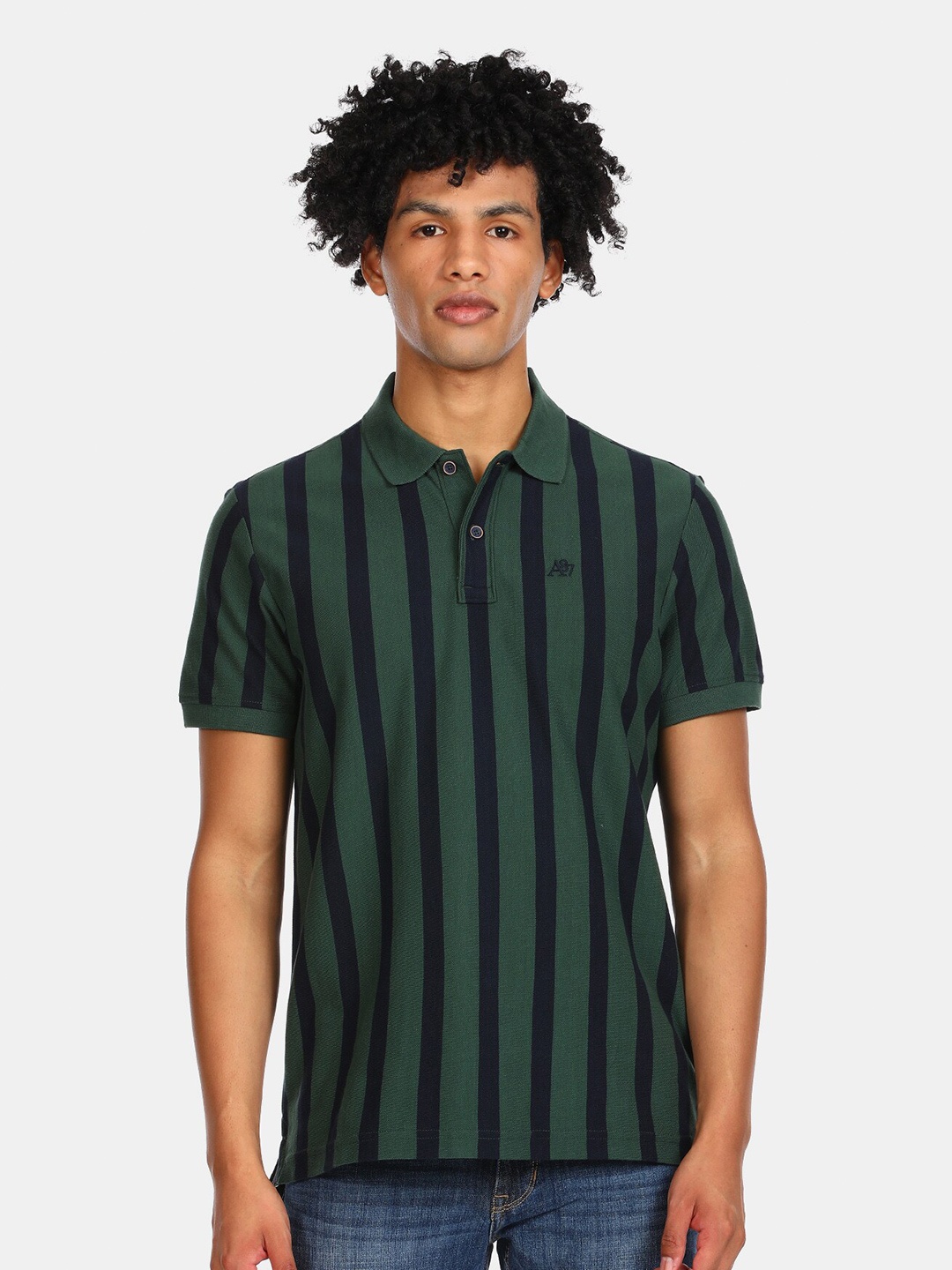 

Aeropostale Men Green Striped Polo Collar Pure Cotton T-shirt