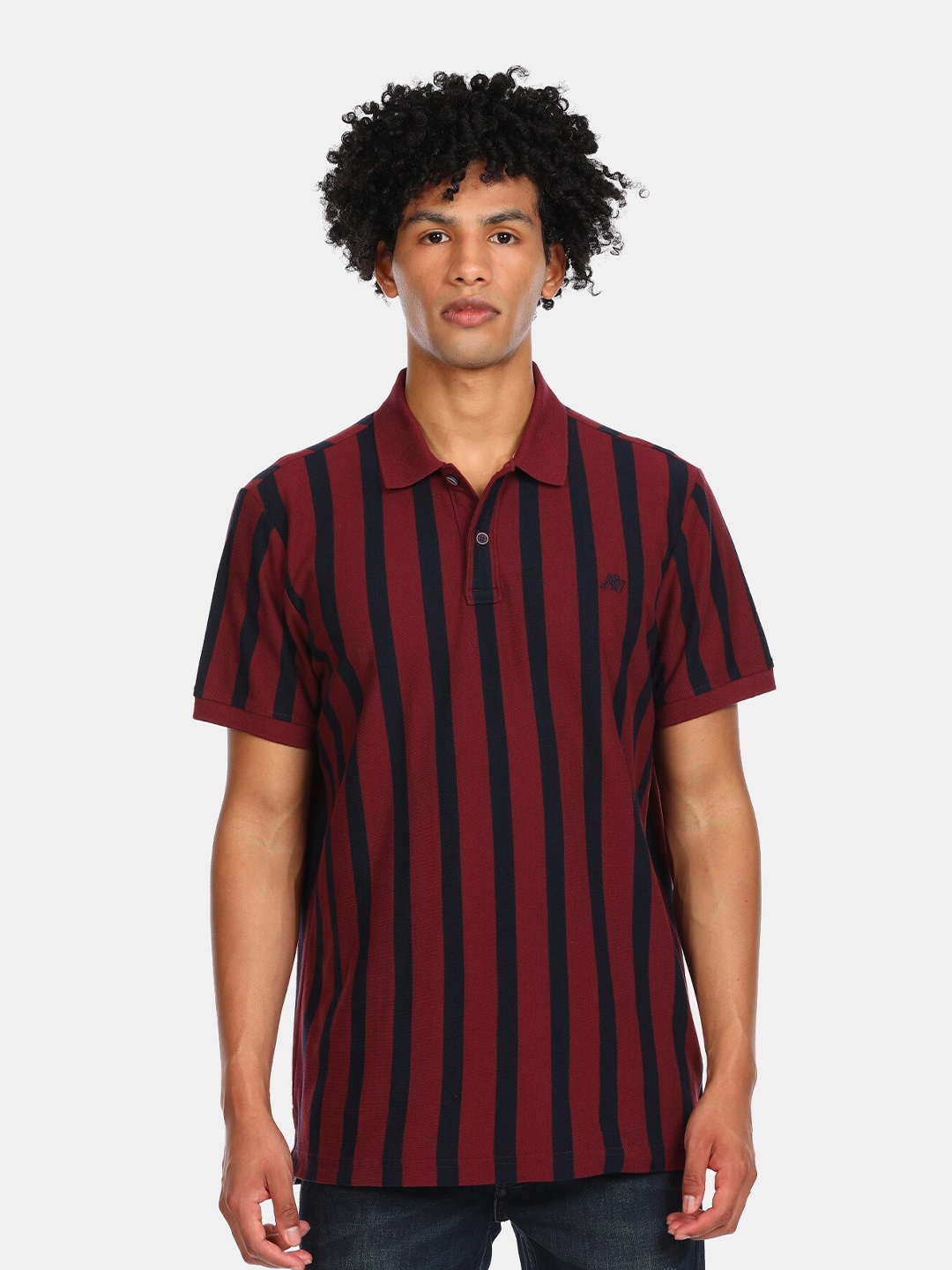 

Aeropostale Men Red Striped Polo Collar Pure Cotton T-shirt