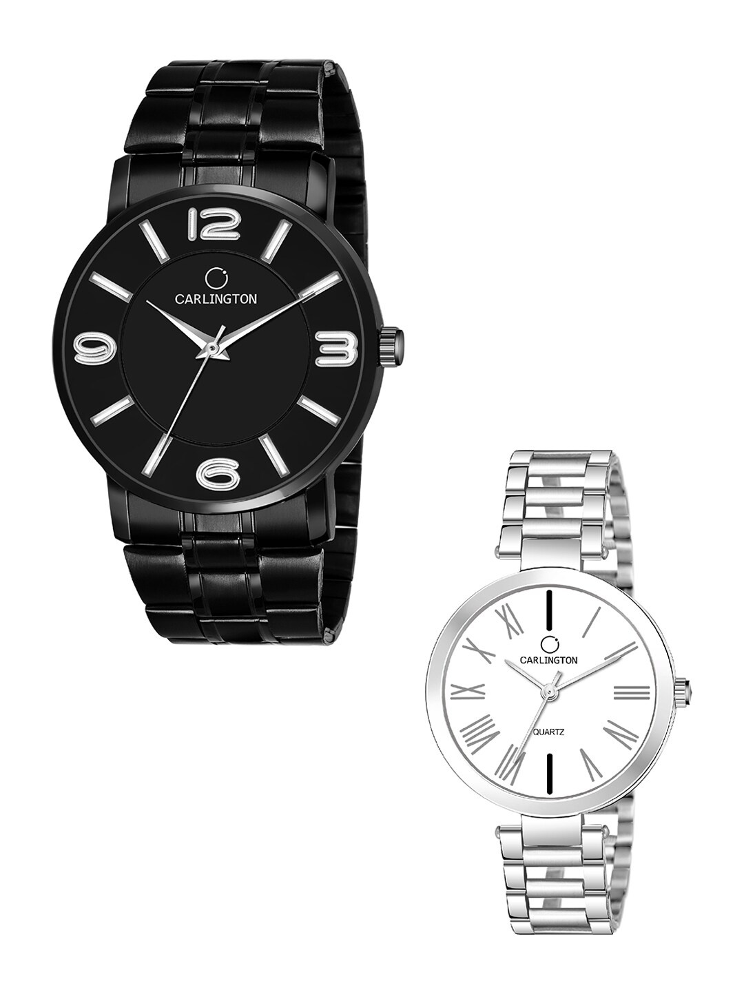 

CARLINGTON Pack-2 Unisex Black & Silver Watch Gift Set Combo CT-6030BB and 112 Silver