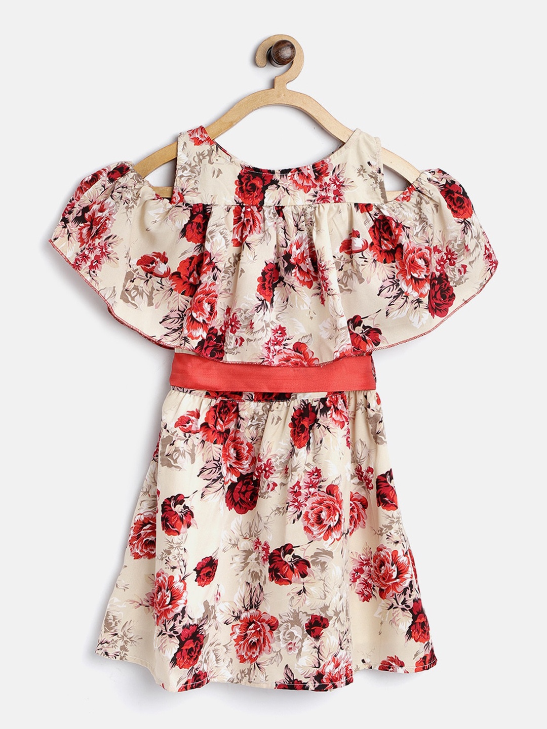 

StyleStone Girls Cream-Coloured & Red Floral Printed Crepe Dress