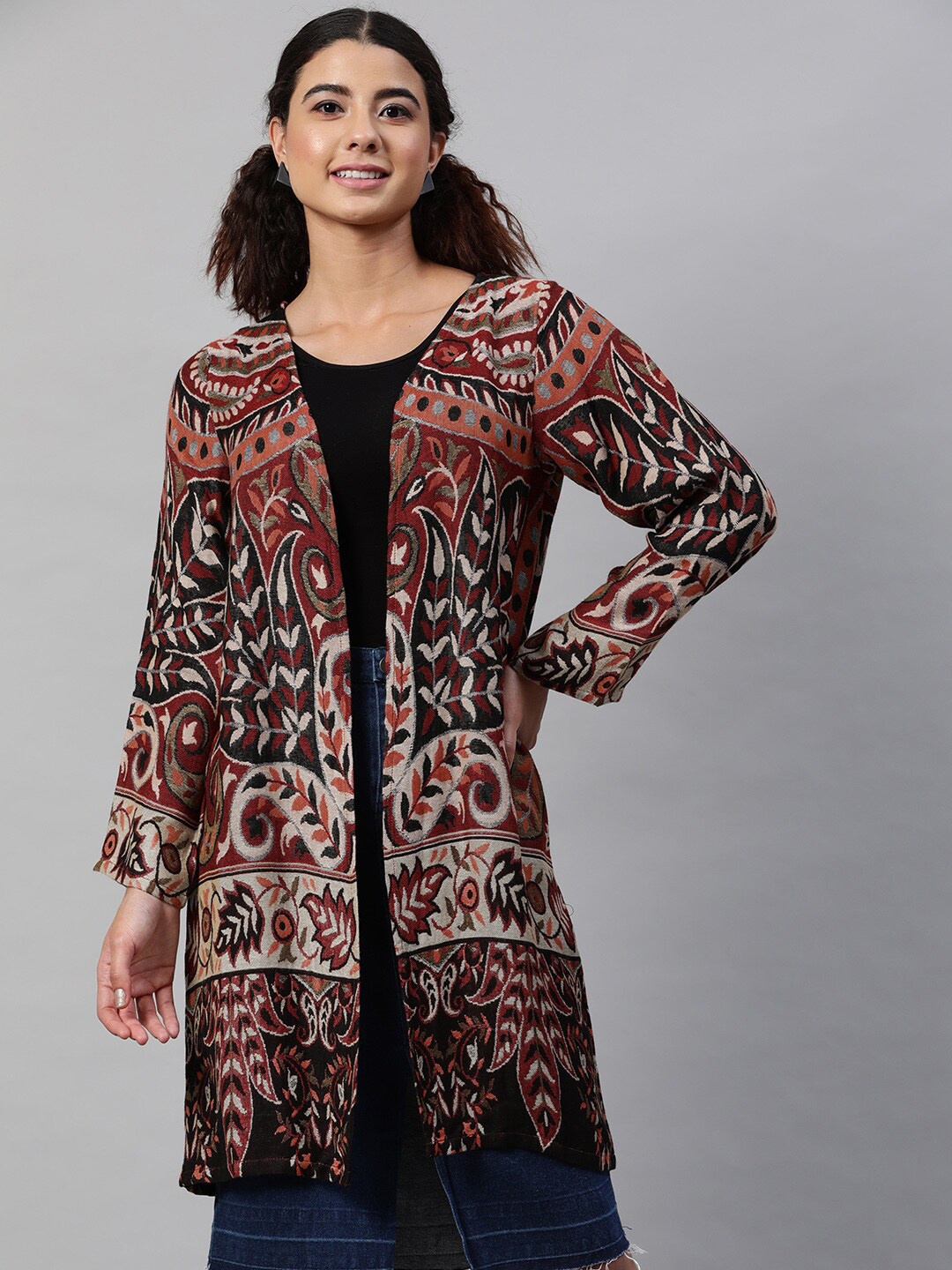 

STREET 9 Women Maroon & Black Printed Shrug