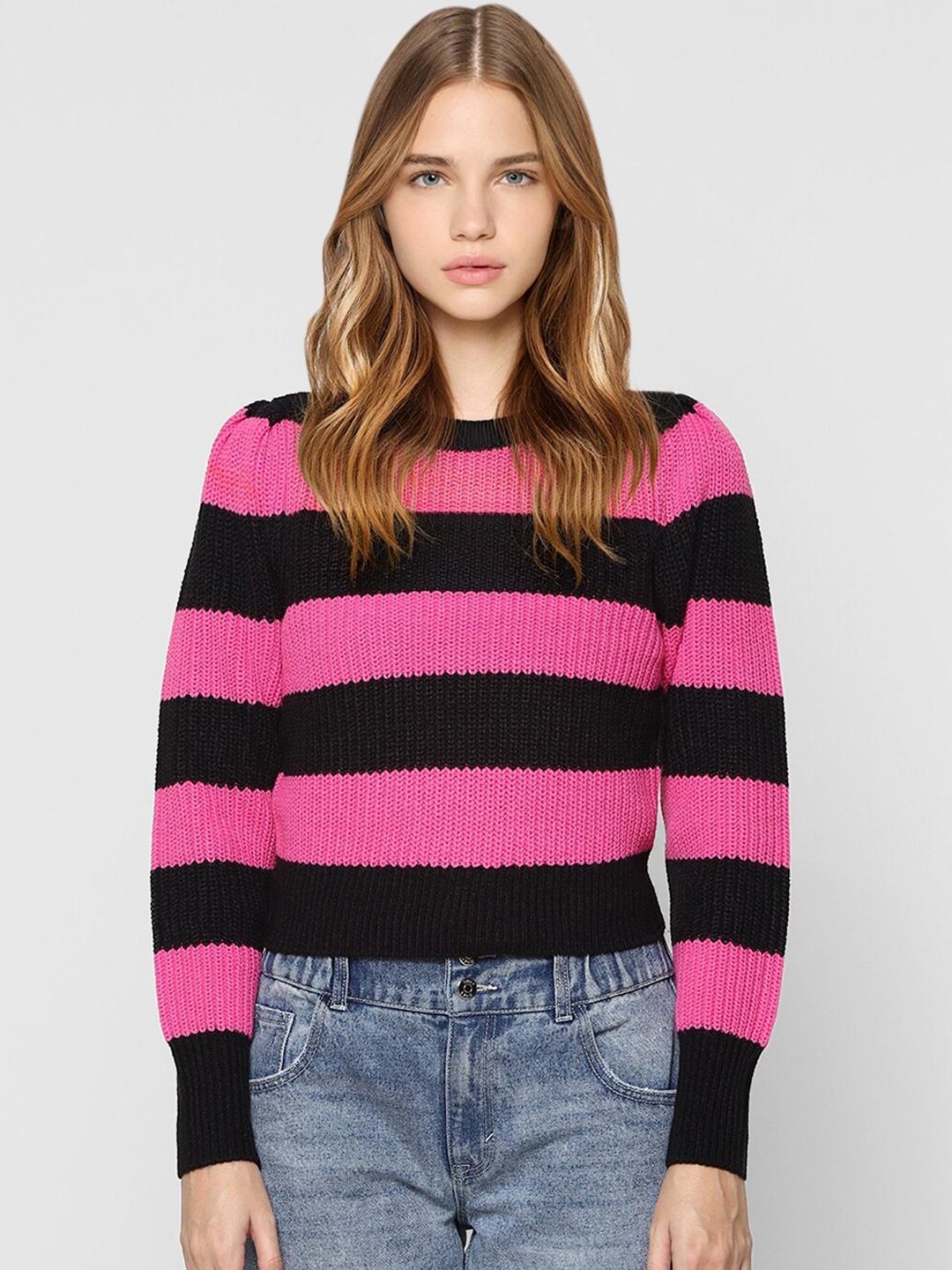 

ONLY Women Black & Pink Striped Pullover Sweater
