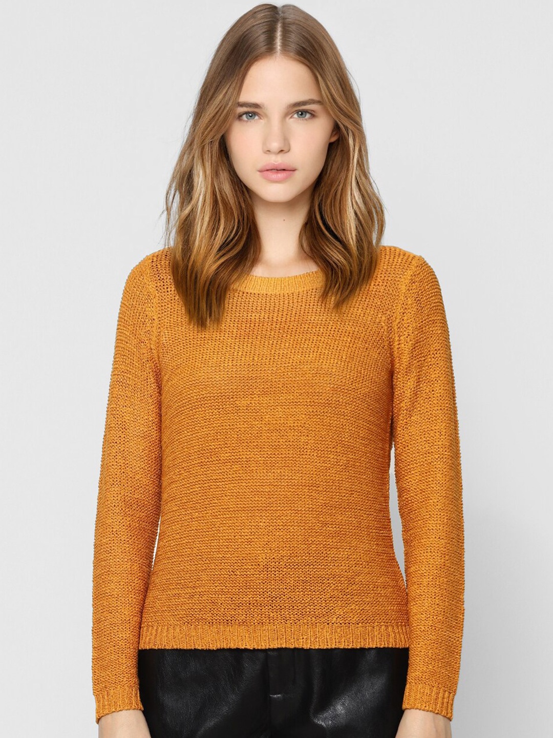 

ONLY Women Mustard Ribbed Pullover Sweater