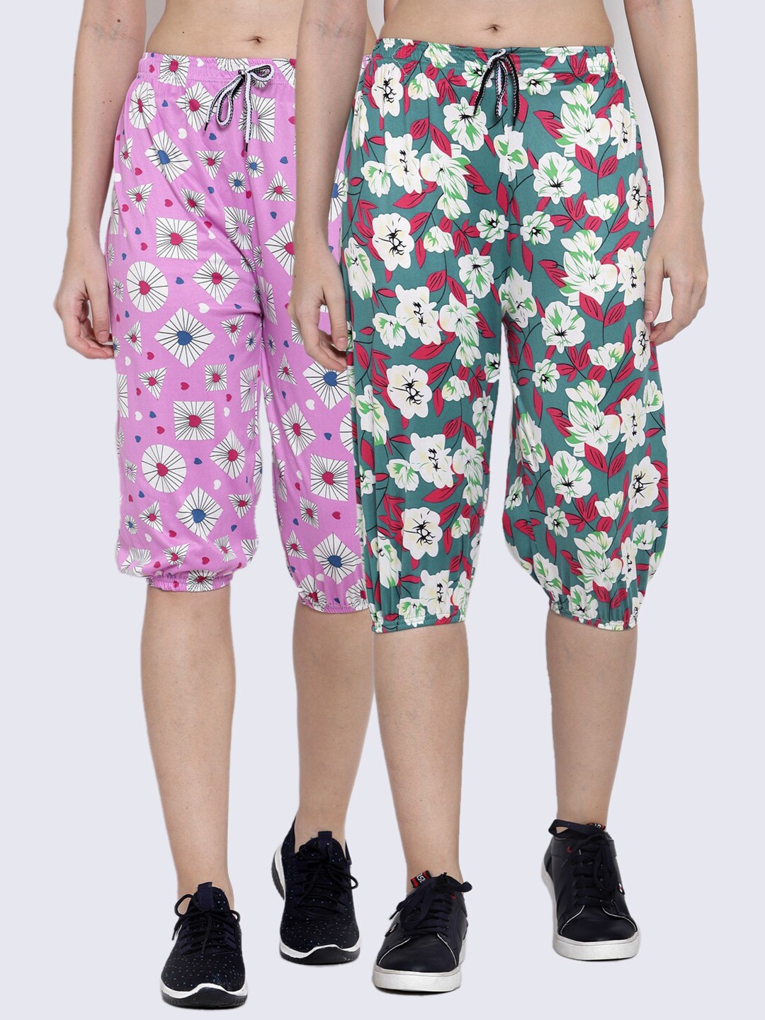 

KLOTTHE Women Pack Of 2 Teal & Pink Printed Capris