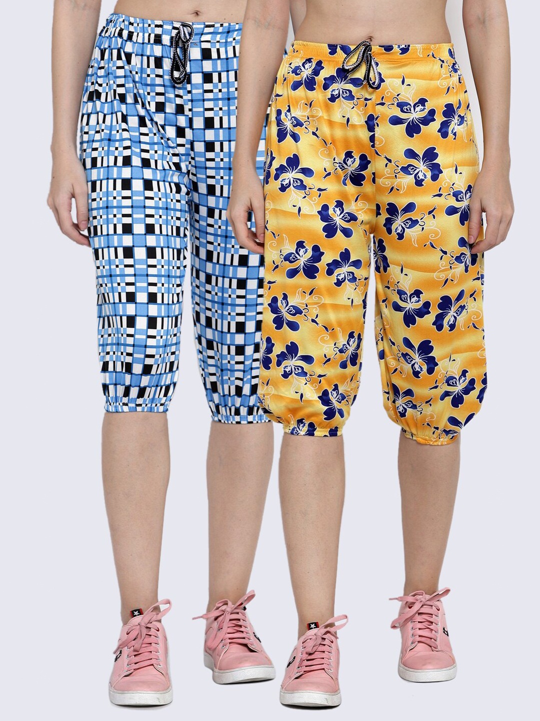 

KLOTTHE Women Pack Of 2 Yellow & Blue Printed Capris