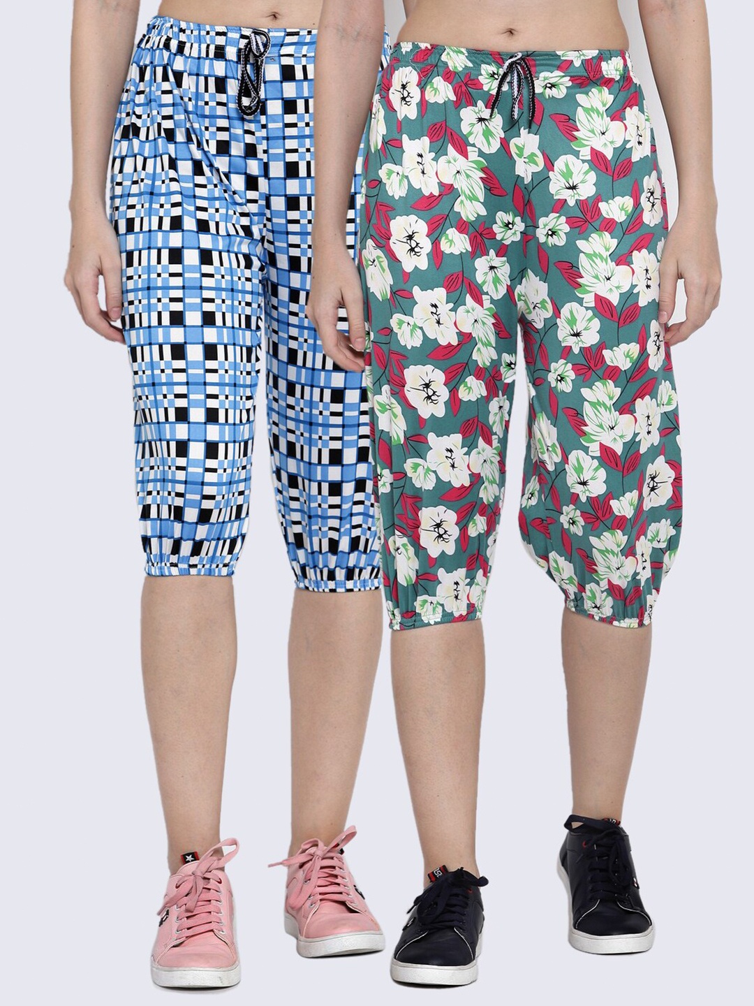 

KLOTTHE Women Pack of 2 Green & Blue Printed Capris