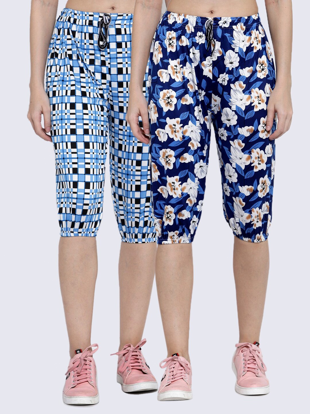 

KLOTTHE Women Pack of 2 Blue & White Printed Capris