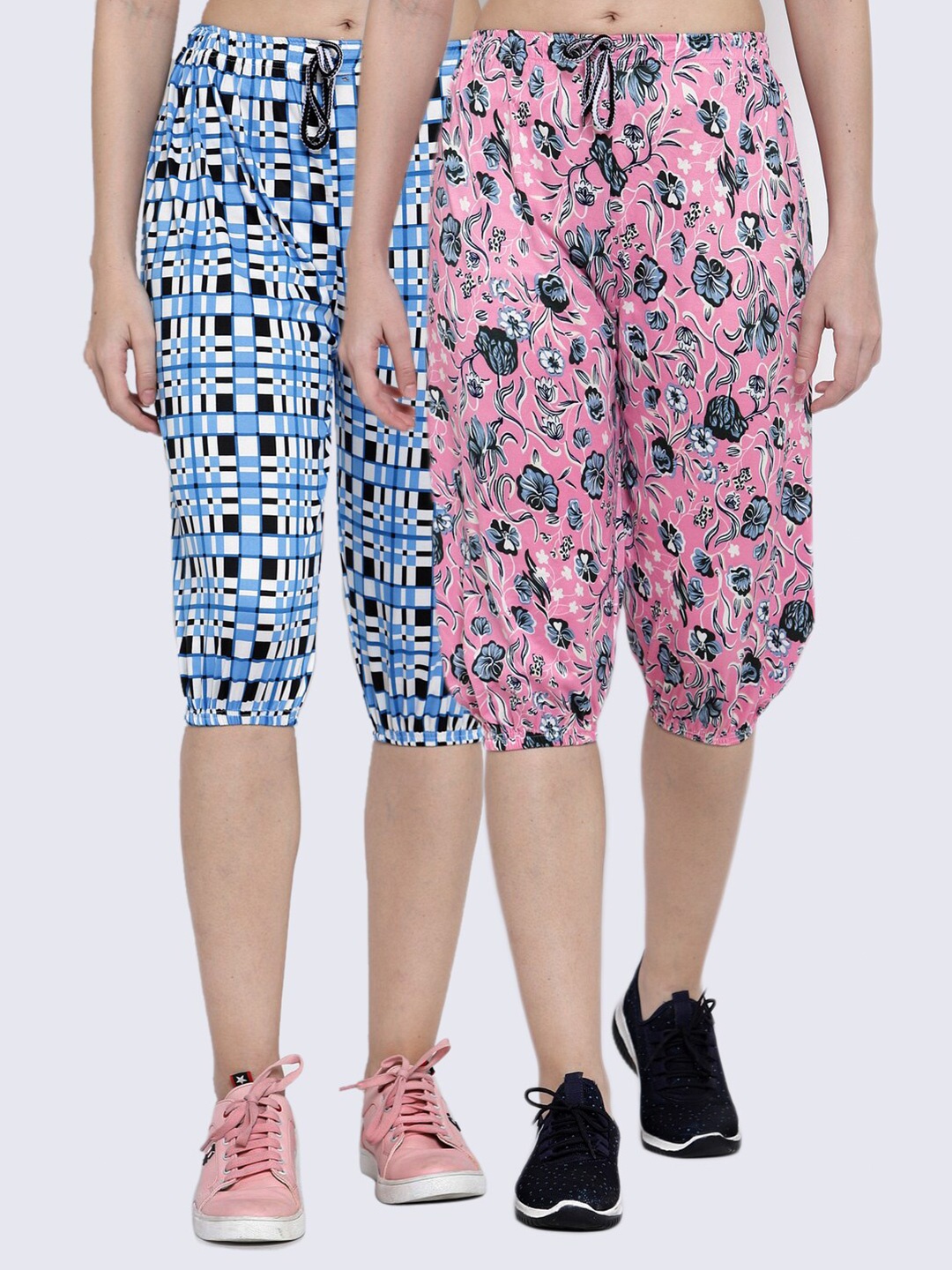 

KLOTTHE Women Pack of 2 Pink & Blue Printed Capris