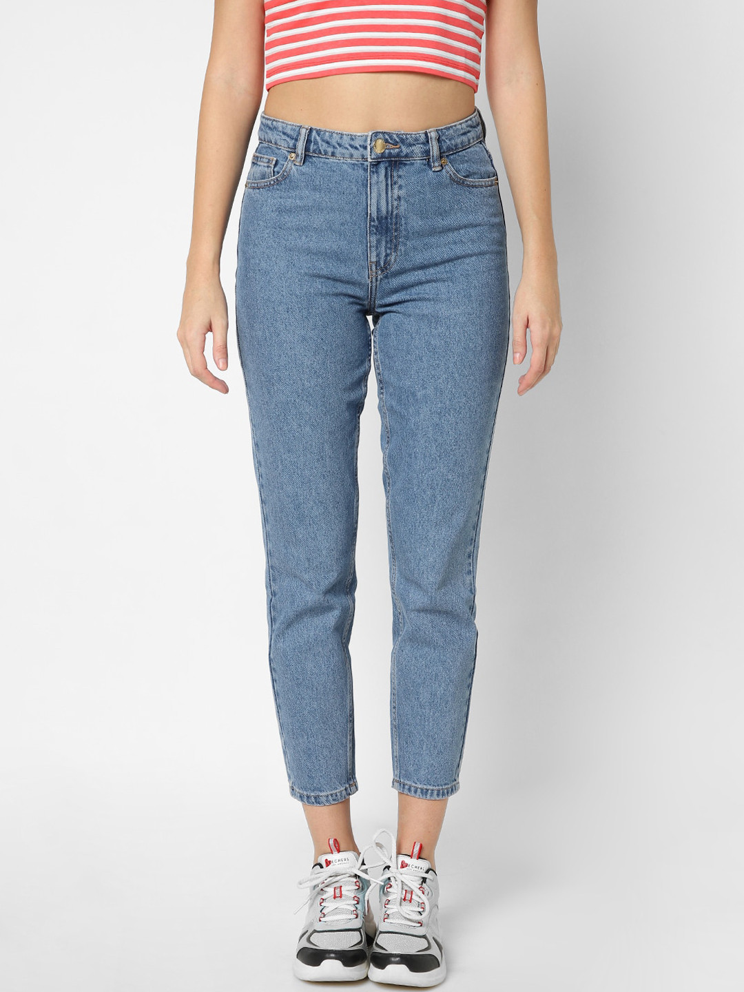 

ONLY Women Blue Straight Fit High-Rise Low Distress Jeans