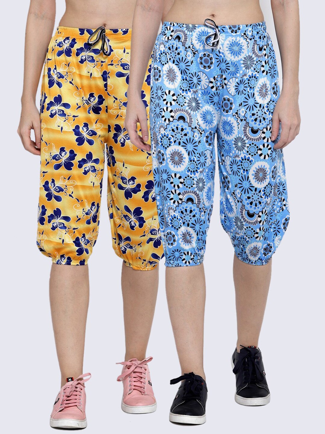 

KLOTTHE Women Pack of 2 Yellow & Blue Printed Capris