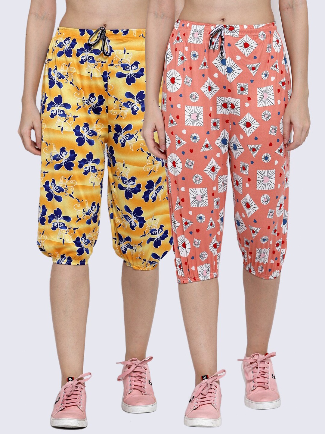 

KLOTTHE Women Pack Of 2 Peach-Coloured & Yellow Printed Capris