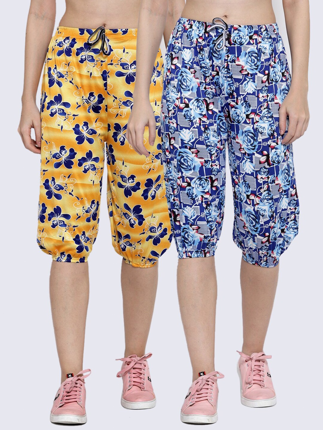 

KLOTTHE Women Pack Of 2 Floral Printed Capris, Yellow