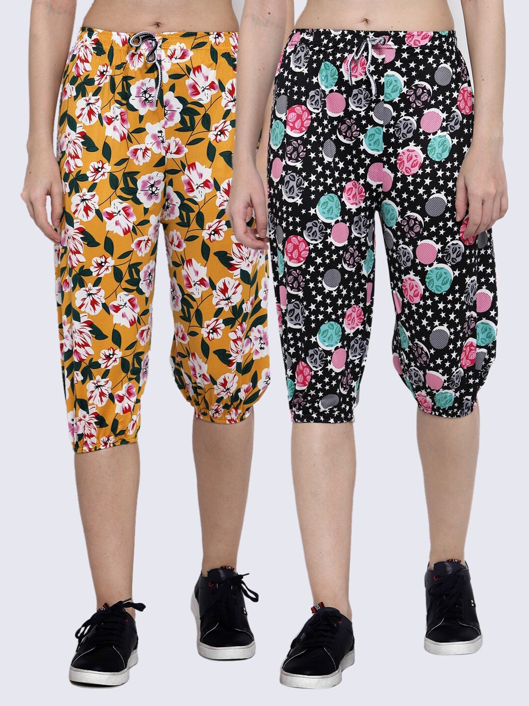 

KLOTTHE Women Pack of 2 Yellow & Black Floral Printed Capris