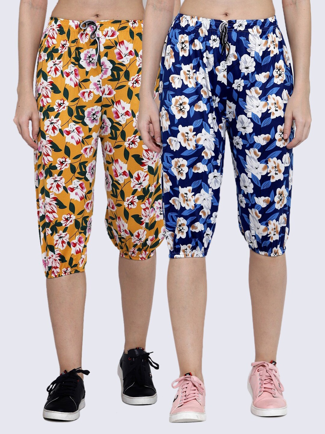 

KLOTTHE Women Pack of 2 Blue & Yellow Floral Printed Capris