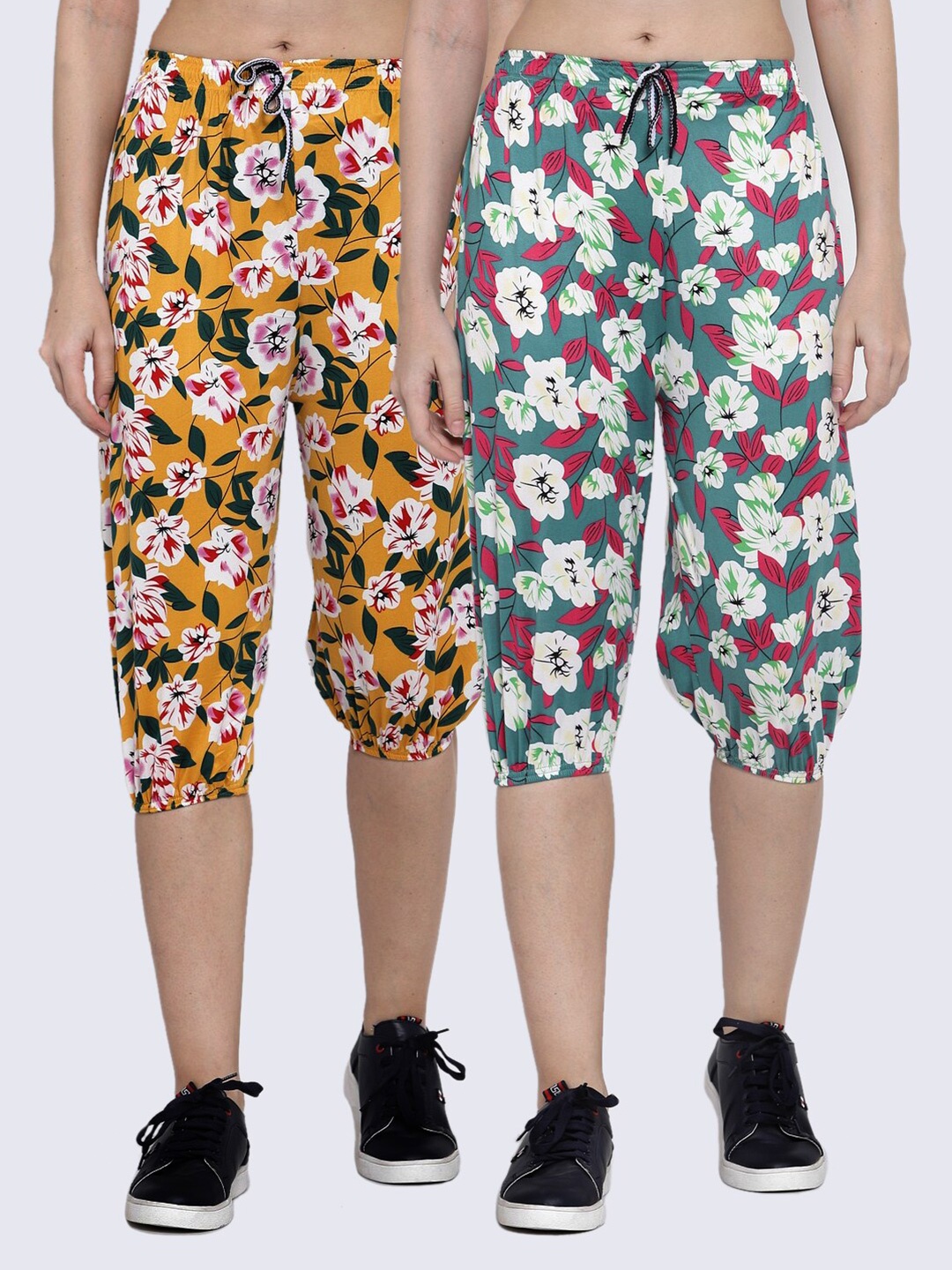 

KLOTTHE Women Pack Of 2 Floral Printed Capris, Yellow